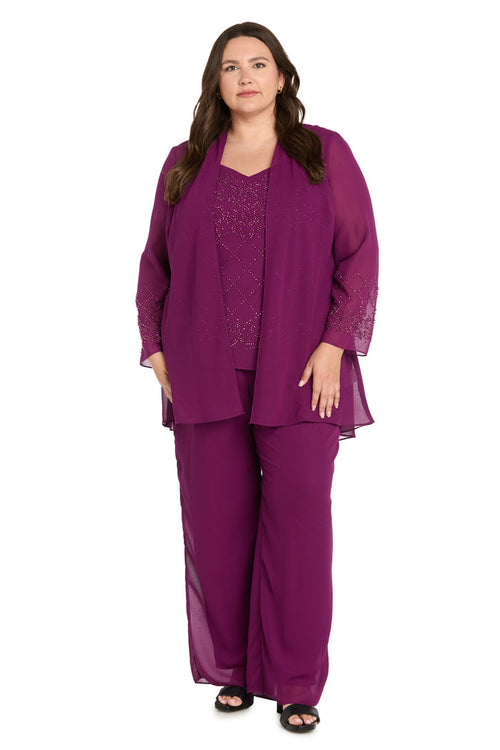 3-Piece Georgette Pantsuit with Caviar Beading - Plus