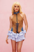 Alyce Deconstruct Lace Up Ruffle Mini Dress In Brown