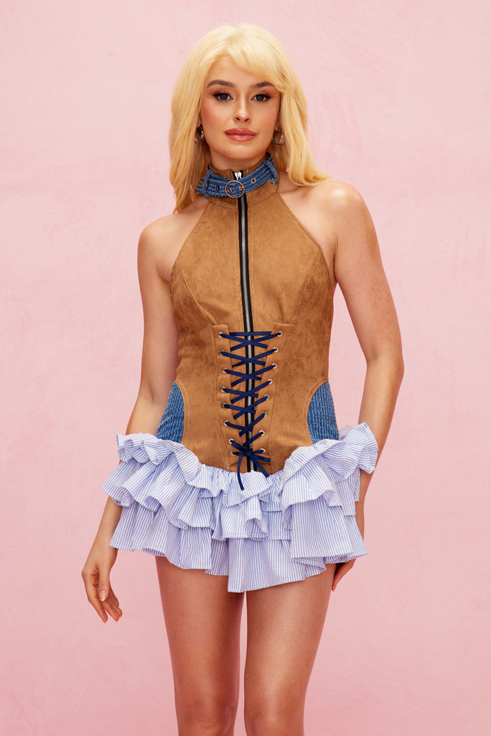 Alyce Deconstruct Lace Up Ruffle Mini Dress In Brown