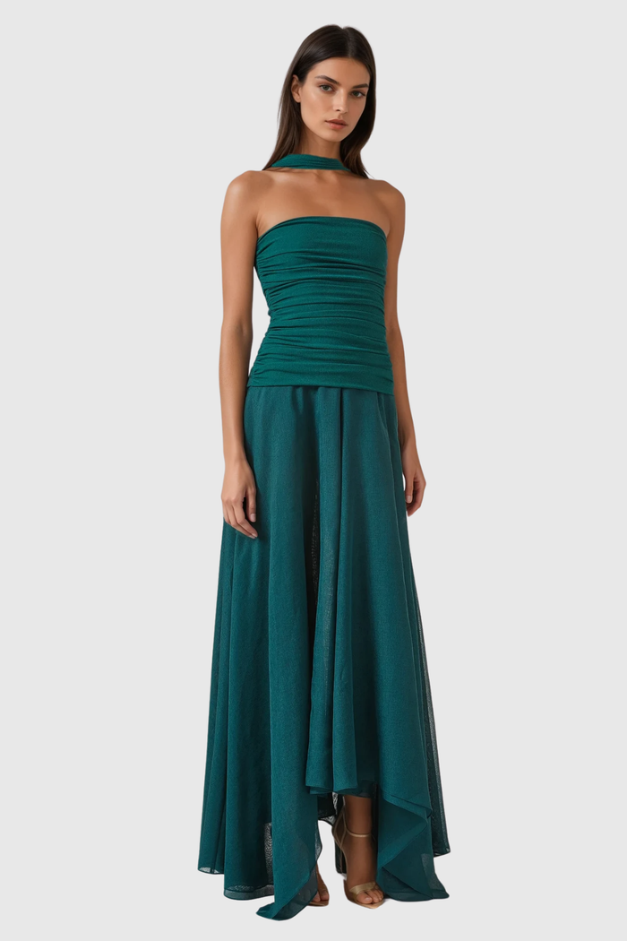 Aquinnah Halter Neck Mesh Ruffle Maxi Dress