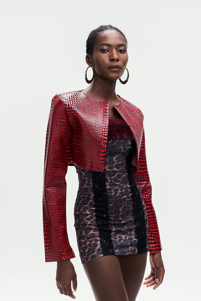 Beacher Crocodile Pattern Crop Leather Jacket
