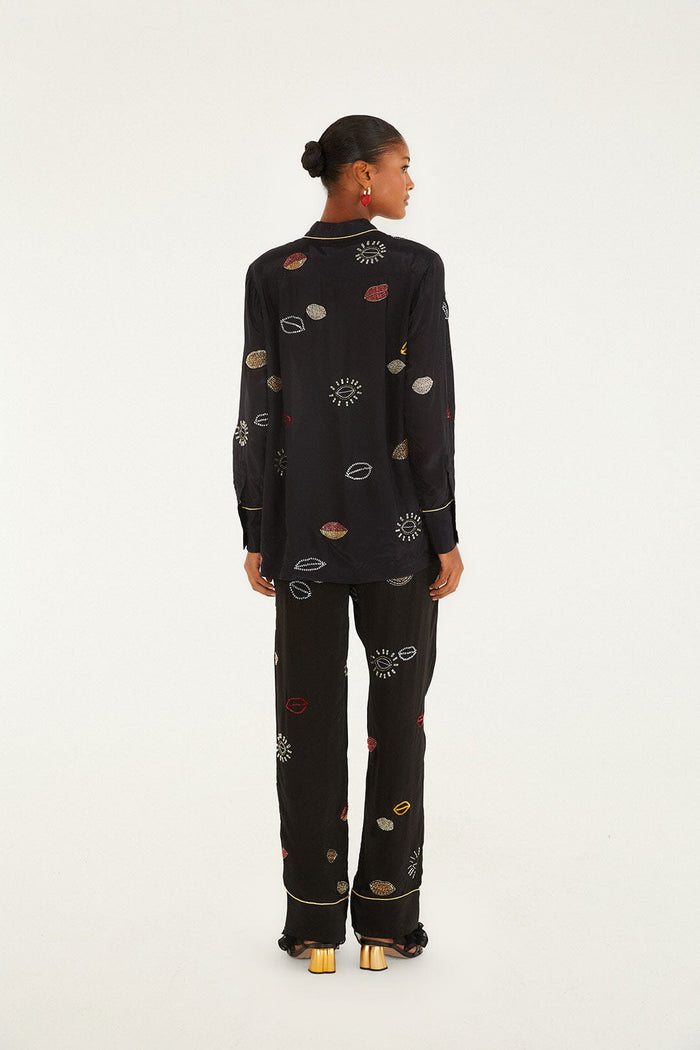 FARM Rio model wearing the Black Beaded Kisses Side Pockets Pajama Pants