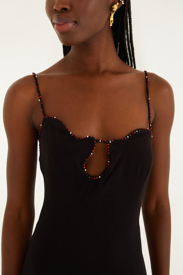 Black Beaded Neckline Sleeveless Midi Dress