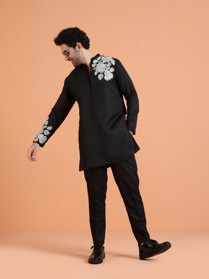 Black Floral Embroidered Kurta with Black Trouser Set for Festive Wear