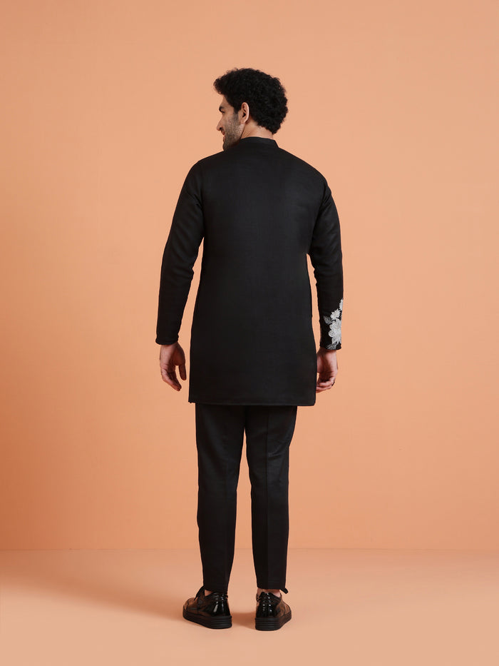 Black Floral Embroidered Kurta with Black Trouser Set for Festive Wear