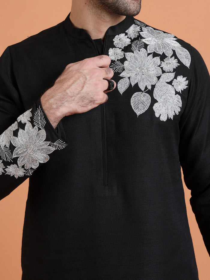 Black Floral Embroidered Kurta with Black Trouser Set for Festive Wear