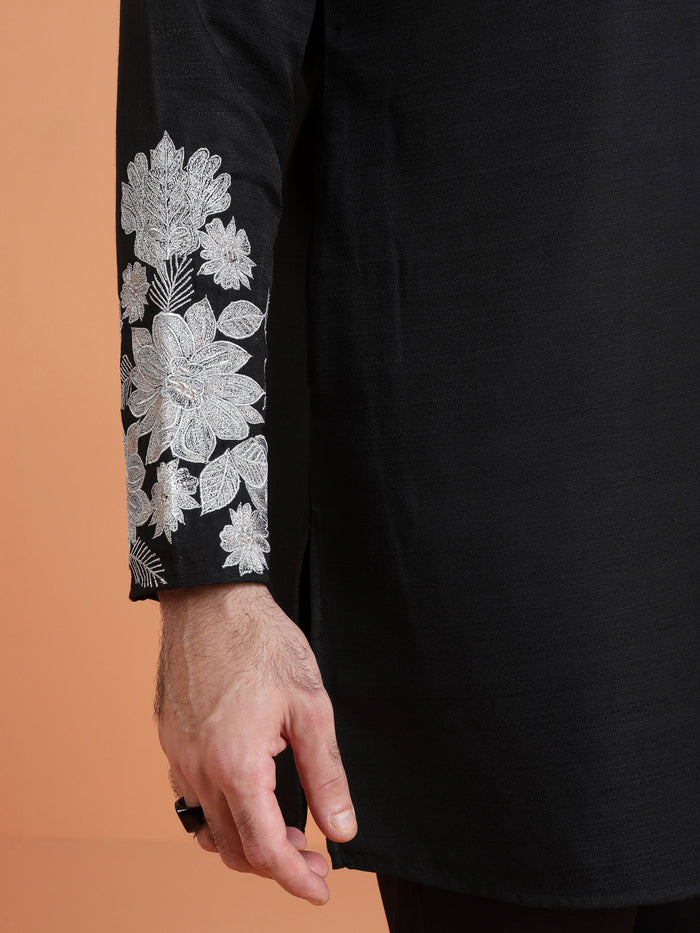 Black Floral Embroidered Kurta with Black Trouser Set for Festive Wear