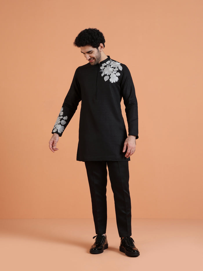 Black Floral Embroidered Kurta with Black Trouser Set for Festive Wear