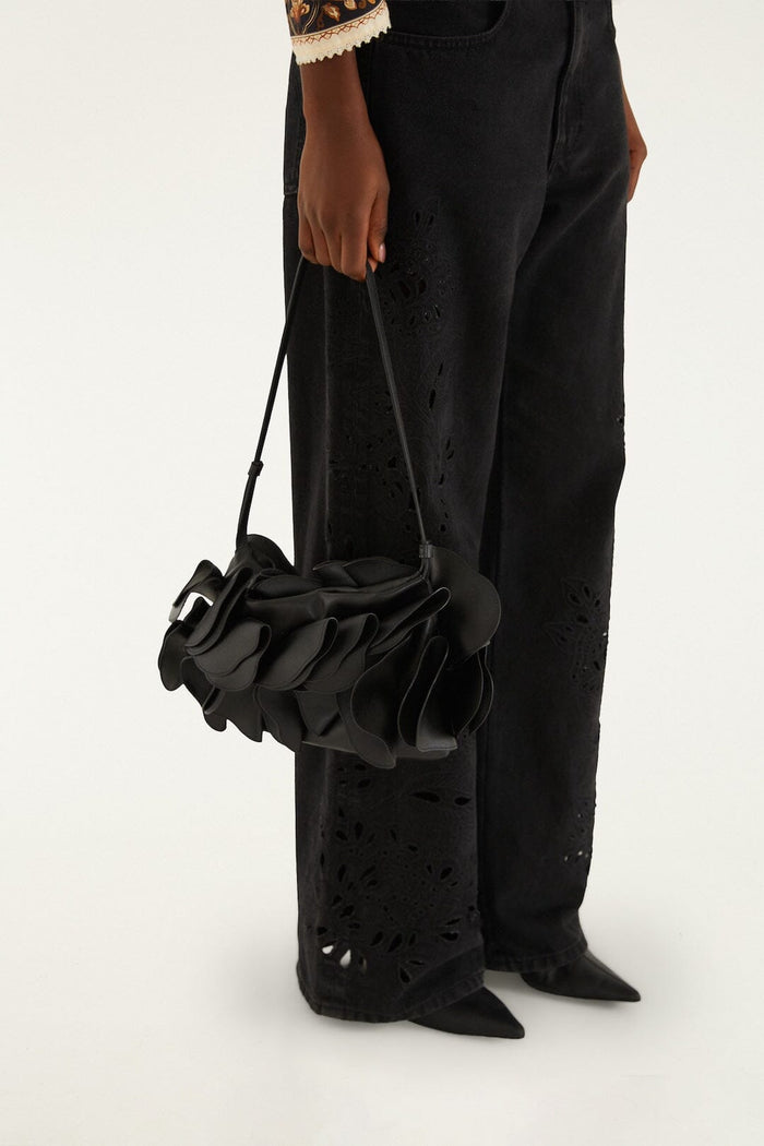 Black Leather Shoulder Flower Bag