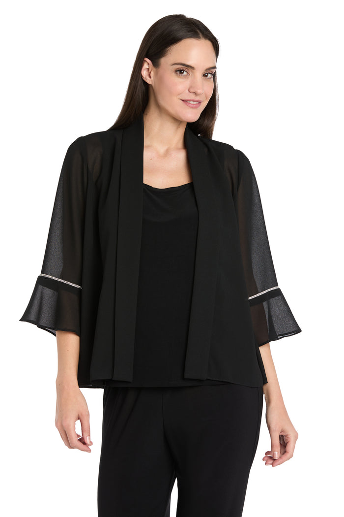 Black Pebble Georgette Jacket with Rhinestone Sleeve Trim