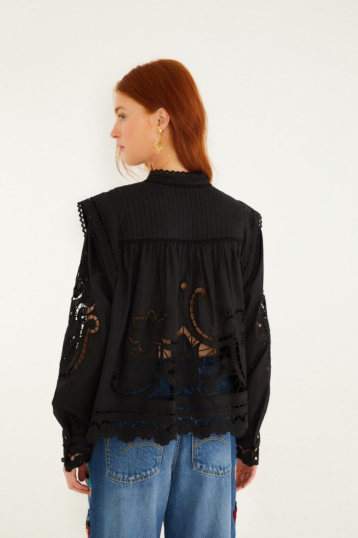 Black Richelieu Puff Sleeve  Blouse