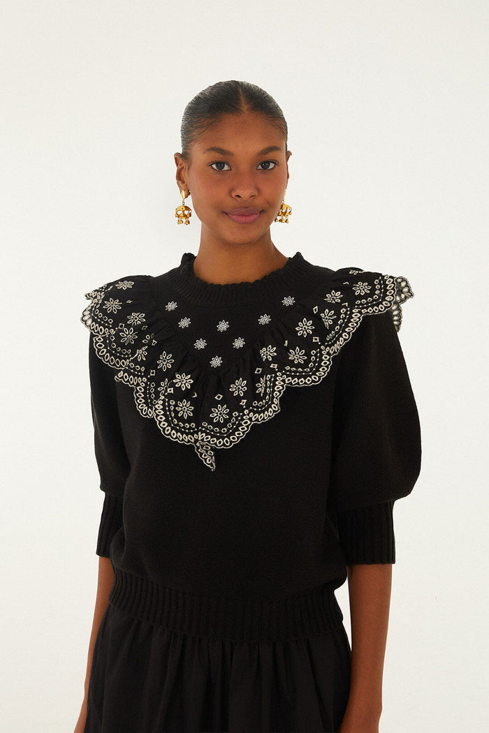 FARM Rio model wearing the Black Richelieu Ruffled Sweater