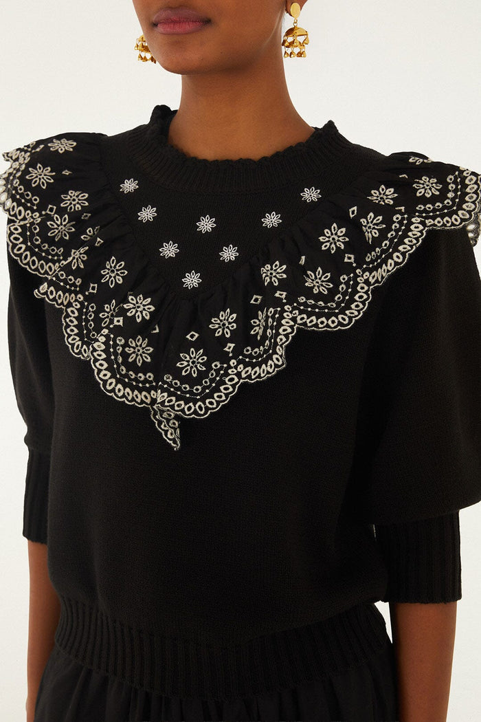 FARM Rio model wearing the Black Richelieu Ruffled Sweater