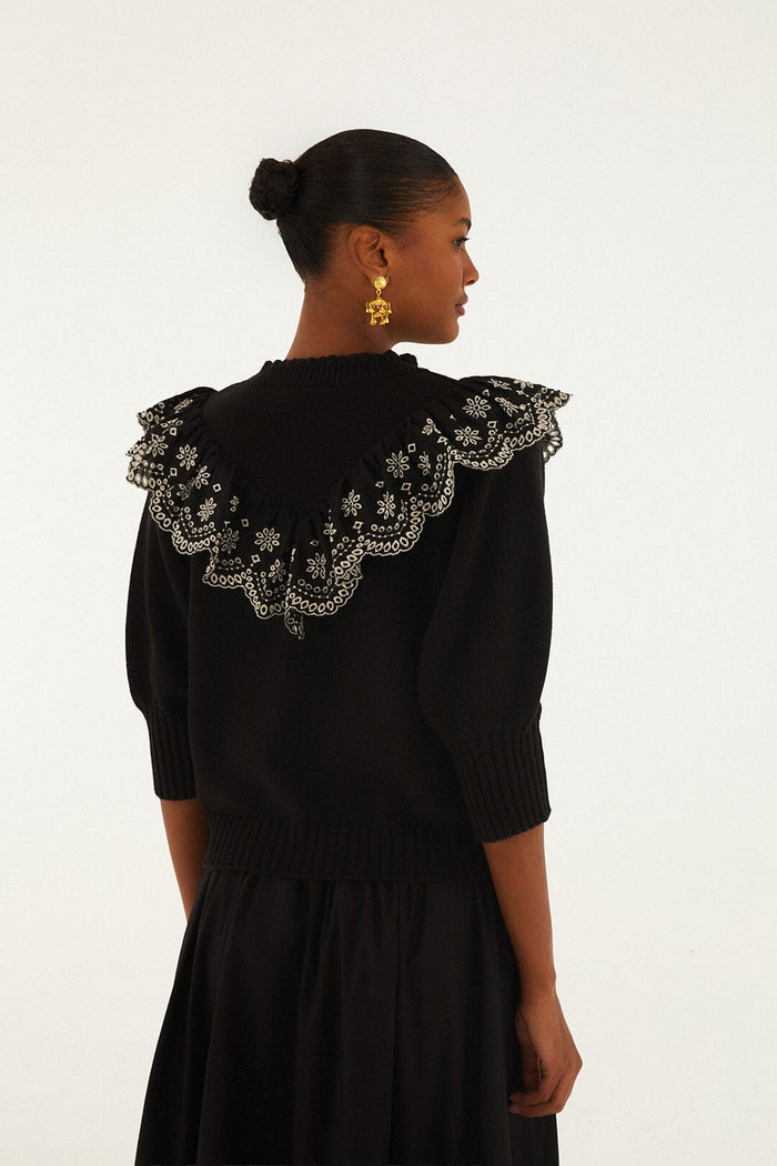 FARM Rio model wearing the Black Richelieu Ruffled Sweater