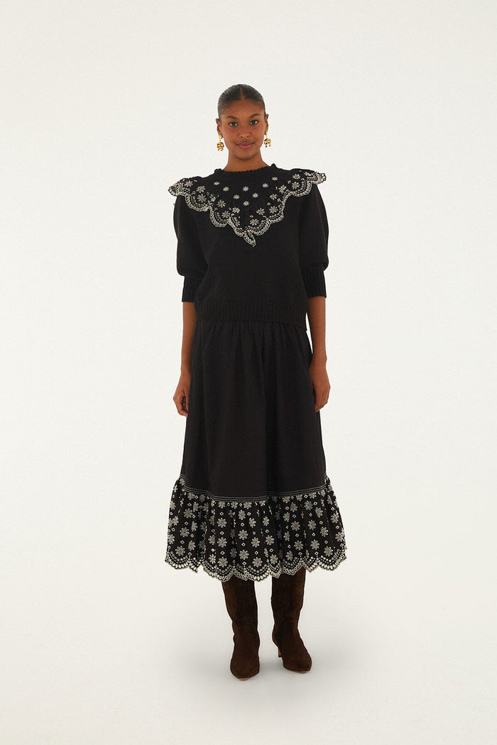 FARM Rio model wearing the Black Richelieu Ruffled Sweater