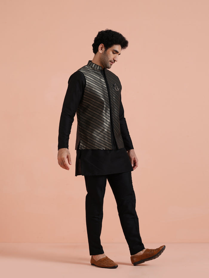 Black Silk Blend Kurta Jacket Set