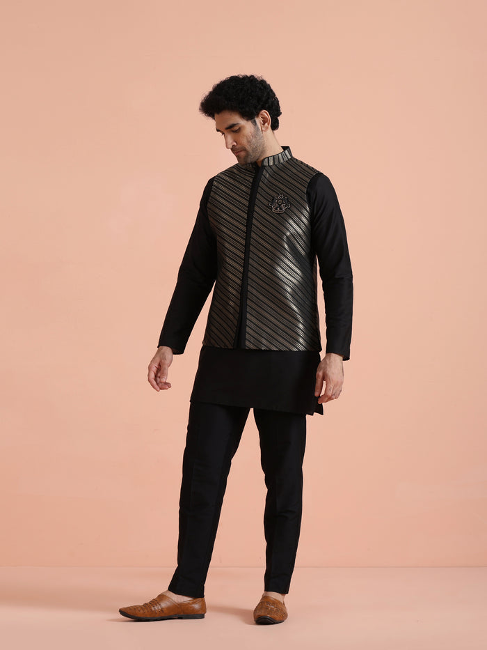 Black Silk Blend Kurta Jacket Set