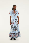 Blue Artisanal Embroidered Lace Front Bow Maxi Dress
