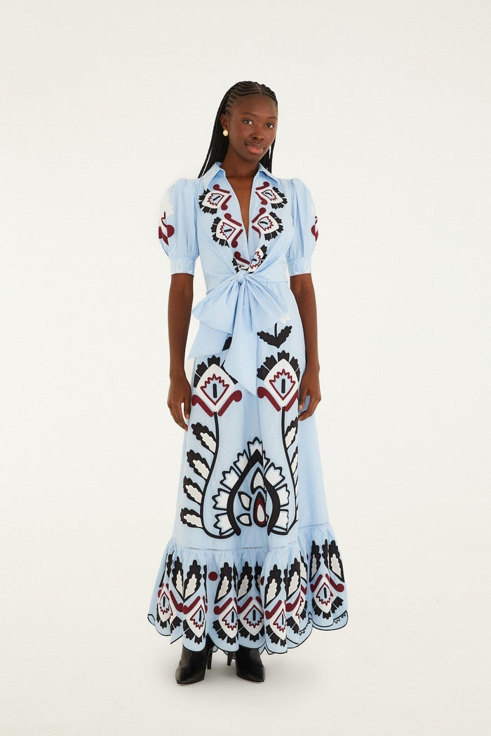 Blue Artisanal Embroidered Lace Front Bow Maxi Dress