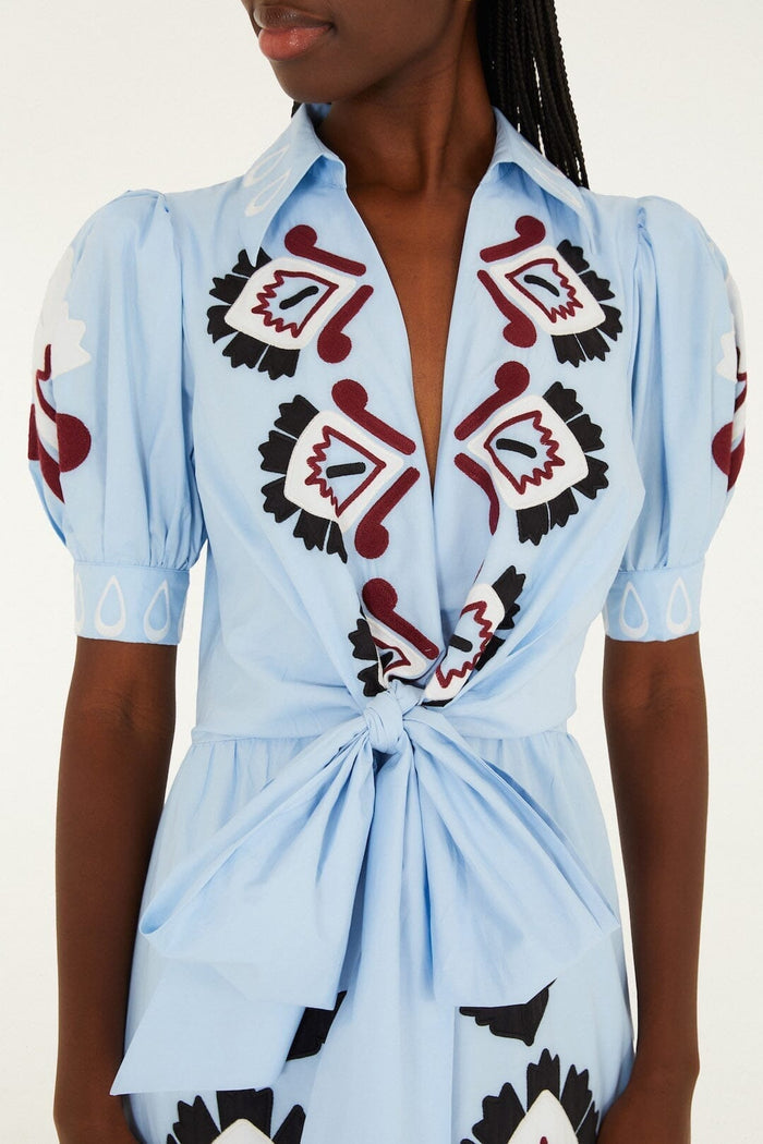 Blue Artisanal Embroidered Lace Front Bow Maxi Dress