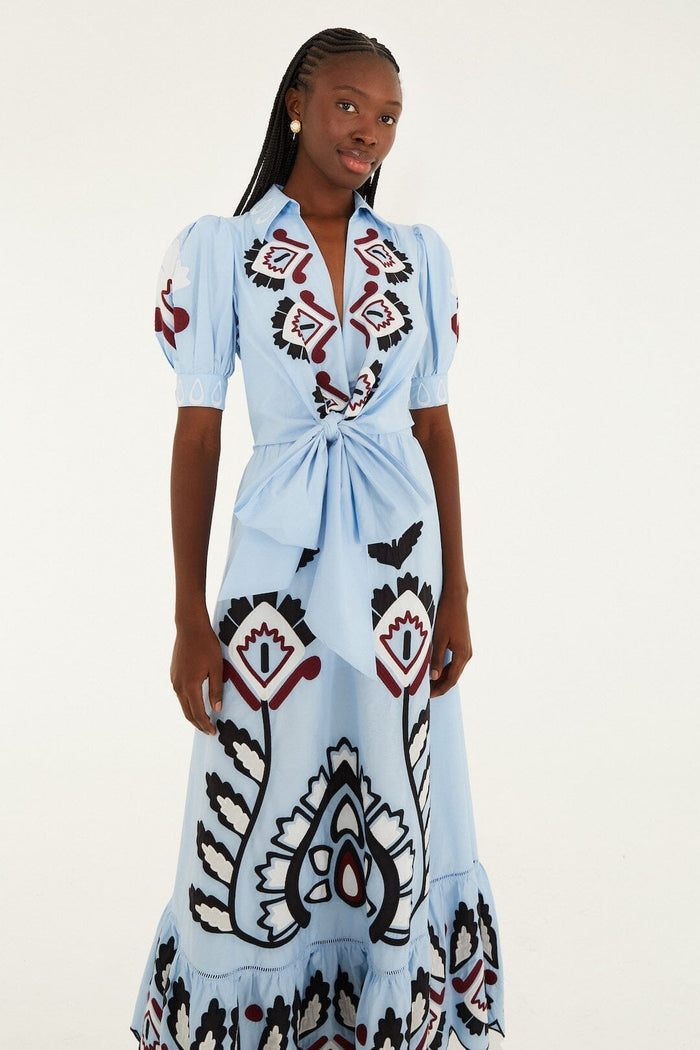 Blue Artisanal Embroidered Lace Front Bow Maxi Dress
