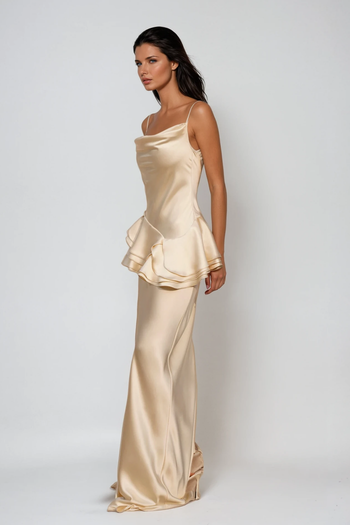 Boudica Cow Neck Ruffle Satin Maxi Dress