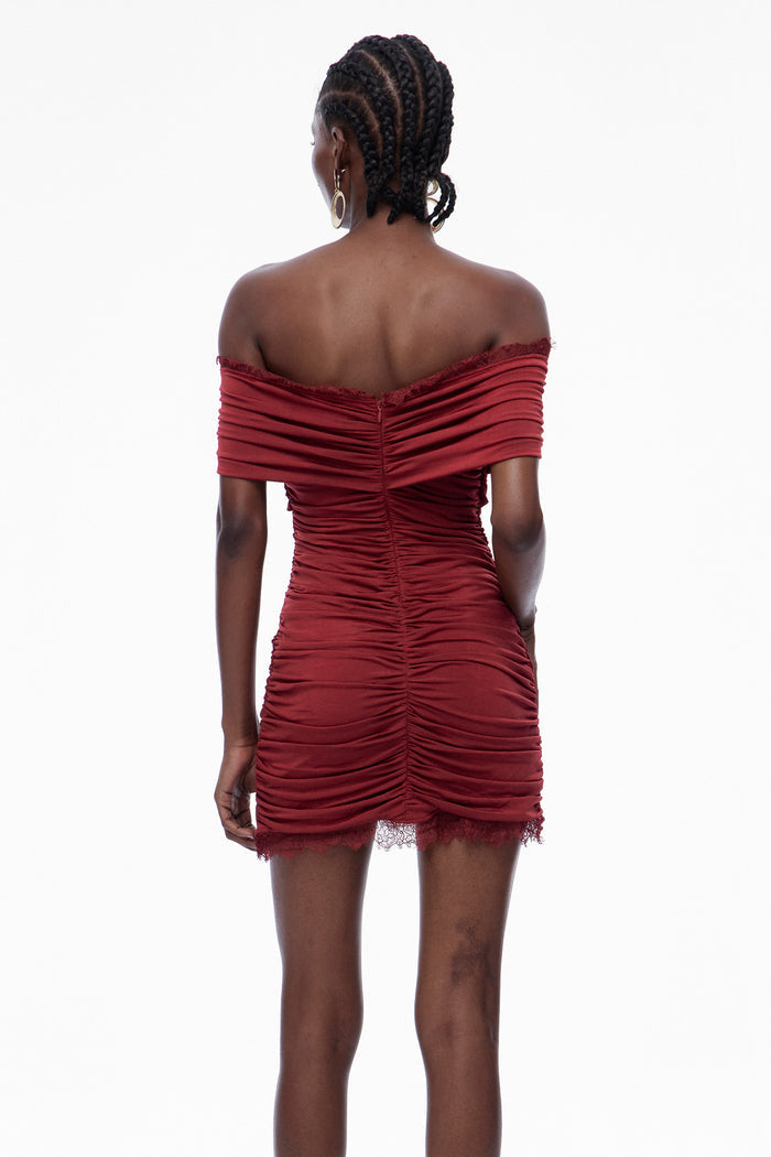 Carine Lace Ruch Off Shoulder Mini Dress
