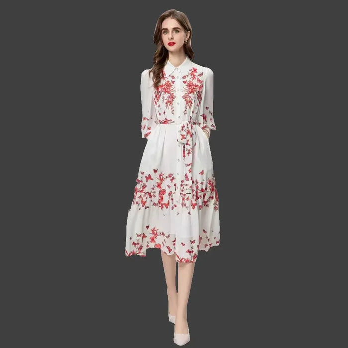 Colorful Floral Lace-Up Dress with Beads and Long Sleeves, Ideal for Heavy Industry - Allen-Fitness