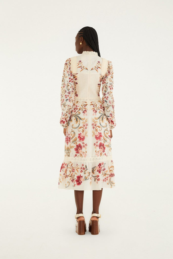 Cream Royal Garden Long Sleeve Crochet Midi Dress