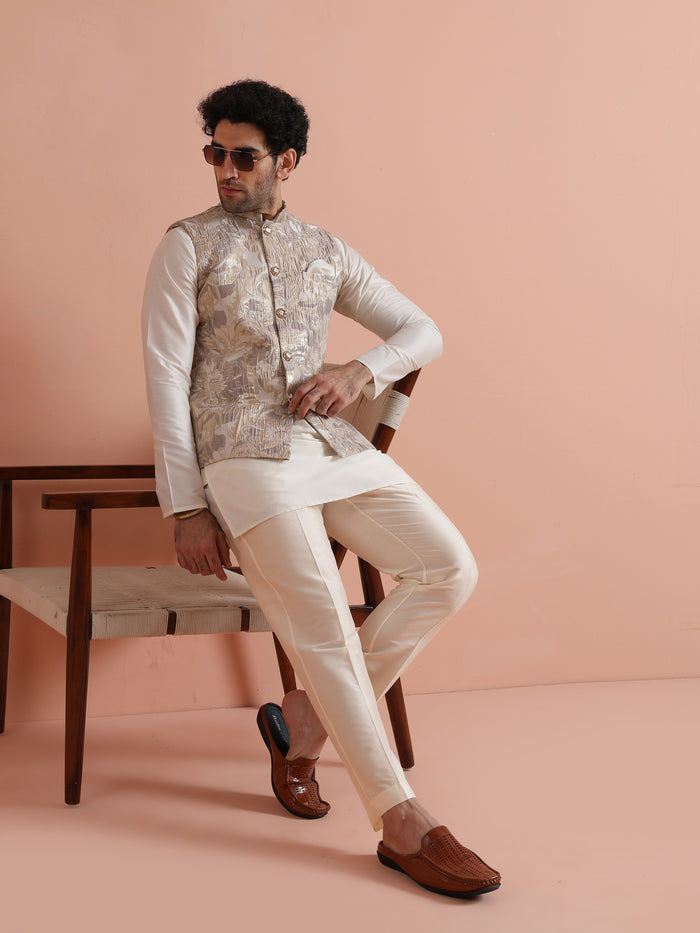 Cream Silk Blend Kurta Jacket Set