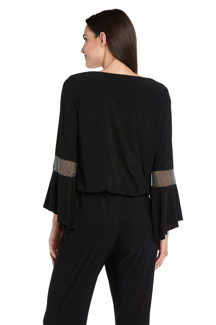 Draped Neck Top with Rhinestone Elbow Detail and Ruffled Bell Sleeves