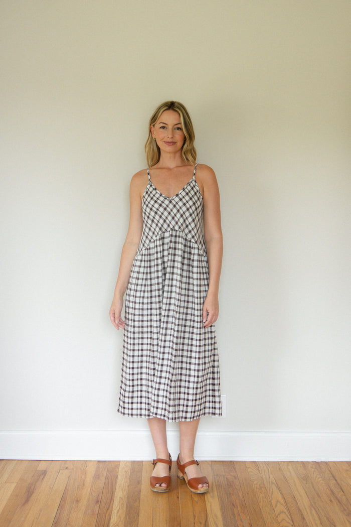 Faro Dress in Brown and Cream Plaid Linen