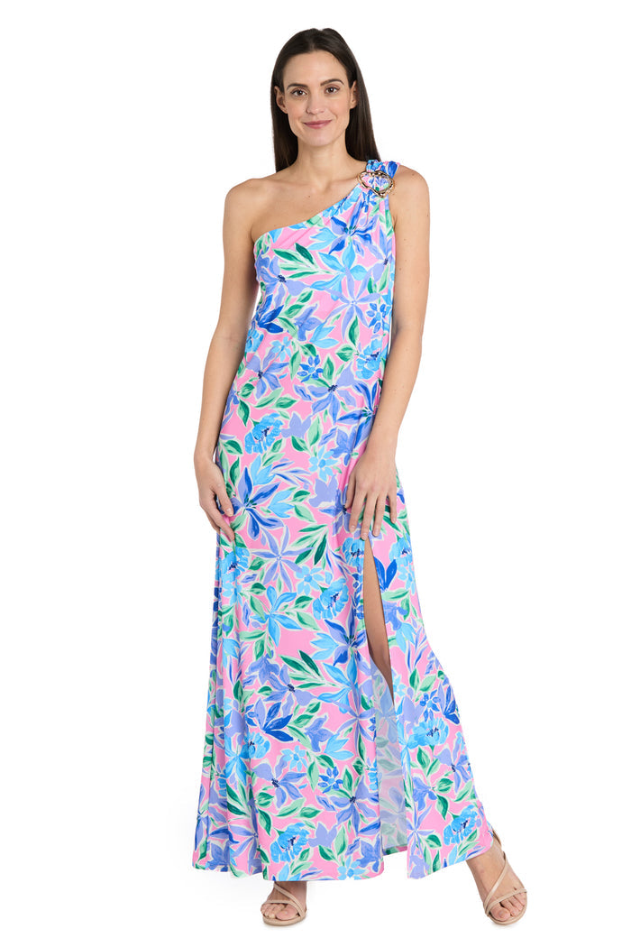 Floral One-Shoulder Dress with Gold Pendant and Side Slit