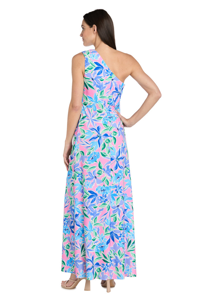 Floral One-Shoulder Dress with Gold Pendant and Side Slit