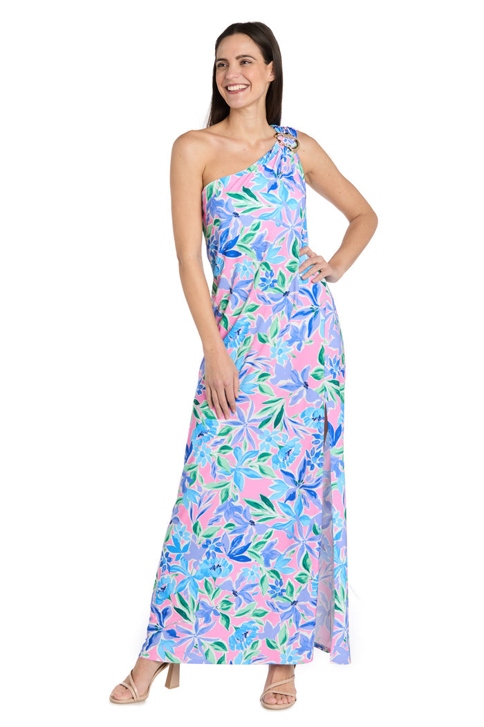 Floral One-Shoulder Dress with Gold Pendant and Side Slit