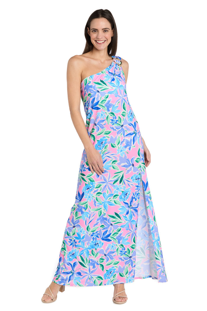 Floral One-Shoulder Dress with Gold Pendant and Side Slit