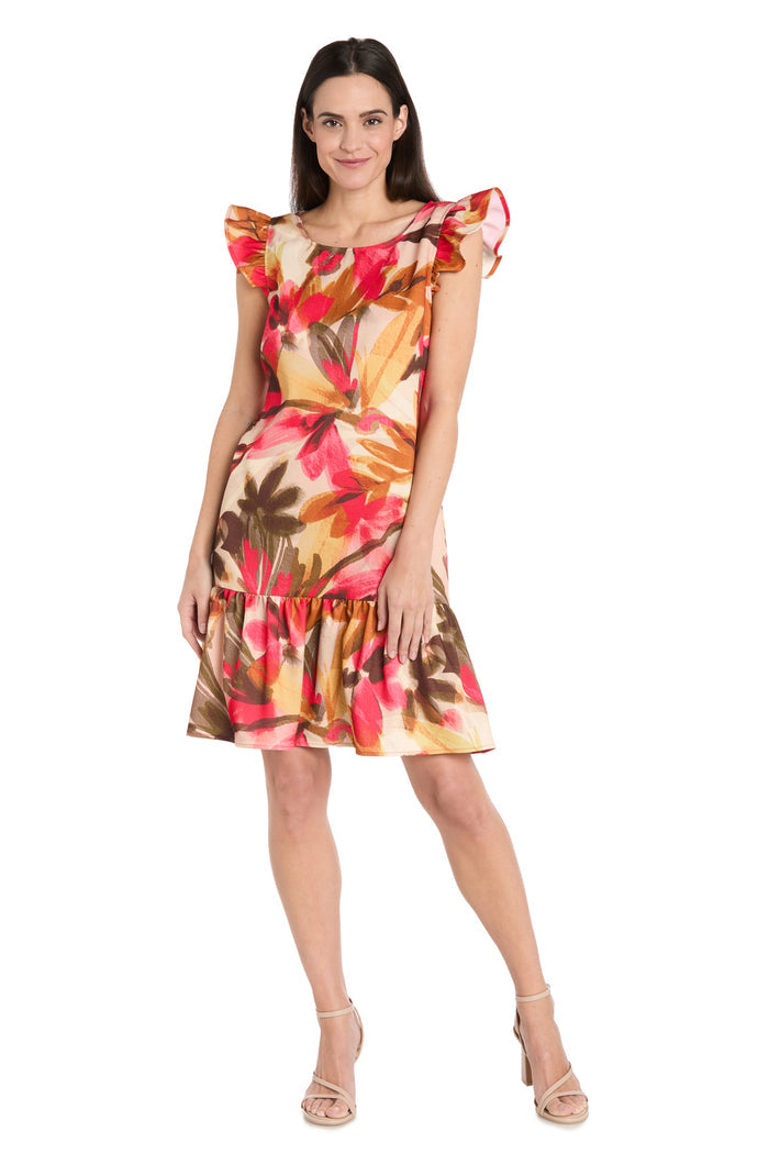 Floral Ruffle-Sleeve Linen Dress