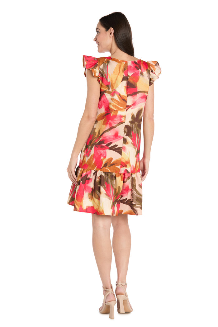 Floral Ruffle-Sleeve Linen Dress