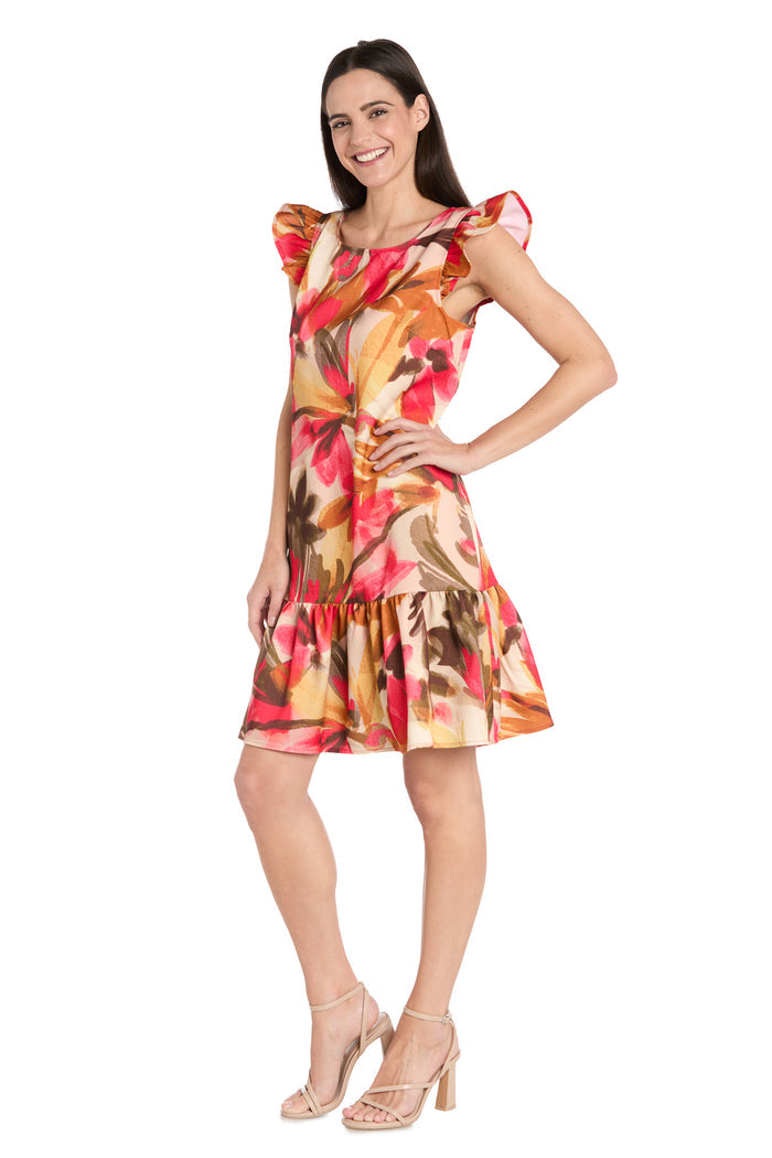 Floral Ruffle-Sleeve Linen Dress