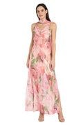 Floral Sheer Maxi Dress with Cowl Neckline, Side Slit & Matching Scarf - Petite