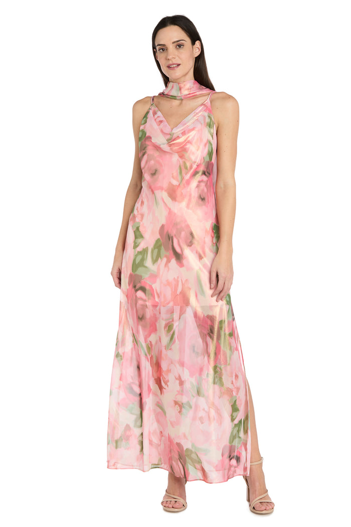 Floral Sheer Maxi Dress with Cowl Neckline, Side Slit & Matching Scarf - Petite