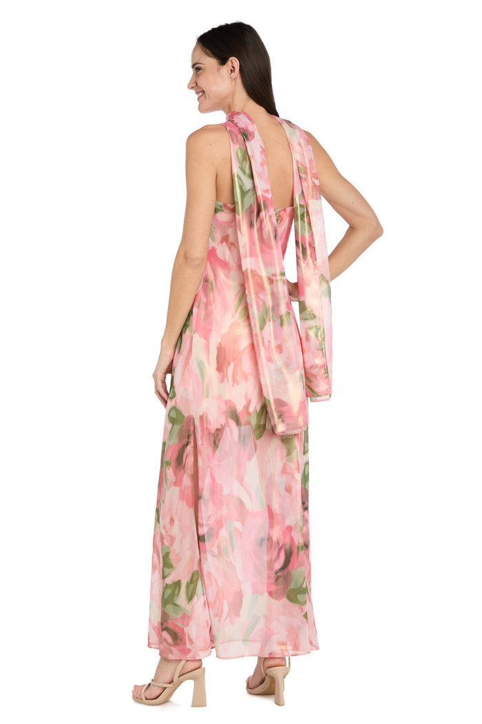 Floral Sheer Maxi Dress with Cowl Neckline, Side Slit & Matching Scarf - Petite
