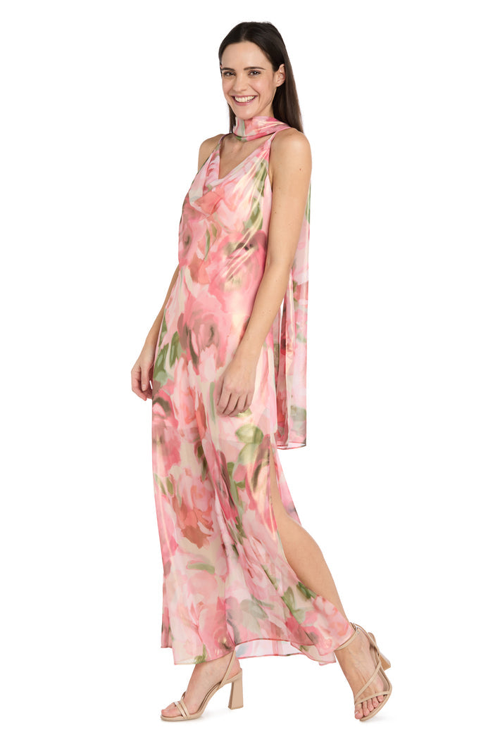 Floral Sheer Maxi Dress with Cowl Neckline, Side Slit & Matching Scarf - Petite
