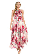 Flowy Chiffon Maxi Dress with Rose Print and Tiered Skirt
