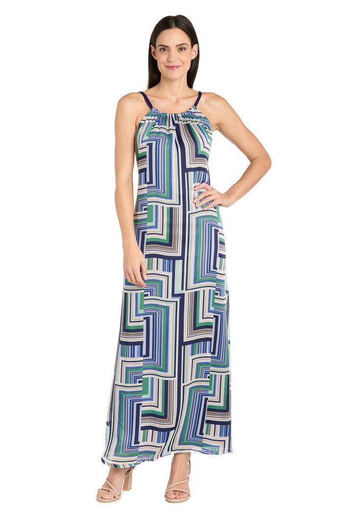 Geometric Pattern Long Casual Dress with Adjustable Tie Back