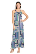 Geometric Pattern Long Casual Dress with Adjustable Tie Back