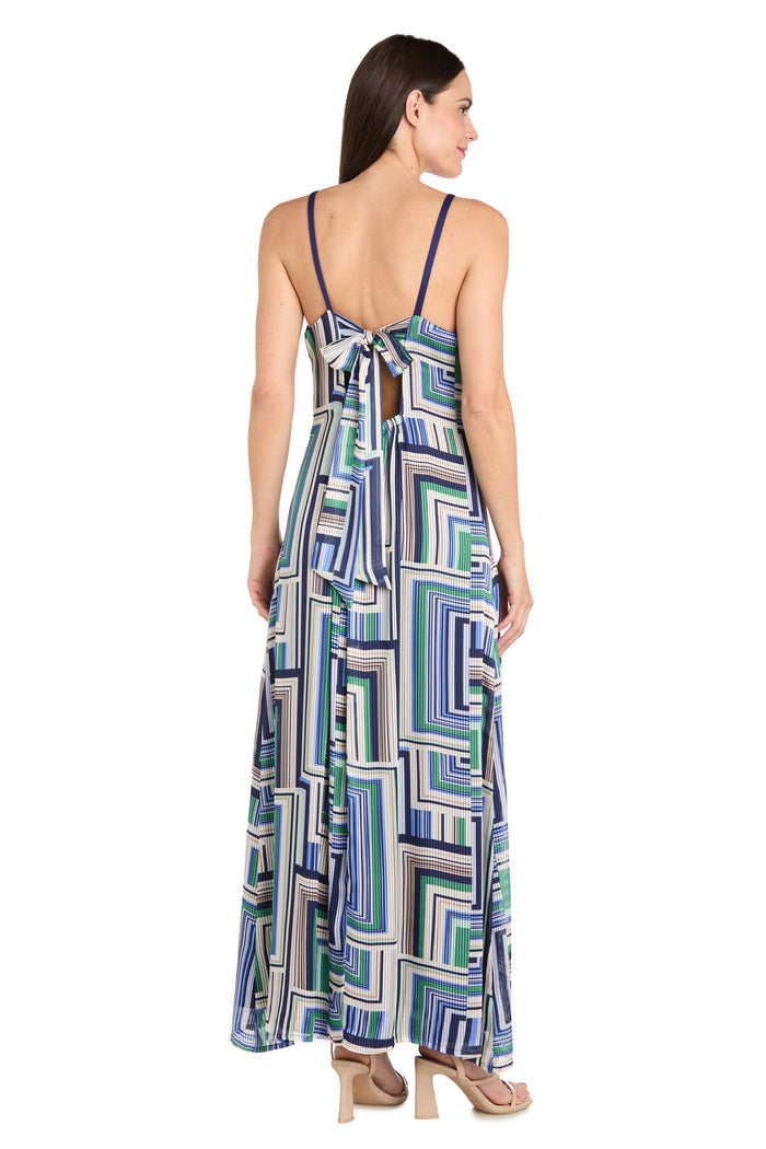 Geometric Pattern Long Casual Dress with Adjustable Tie Back