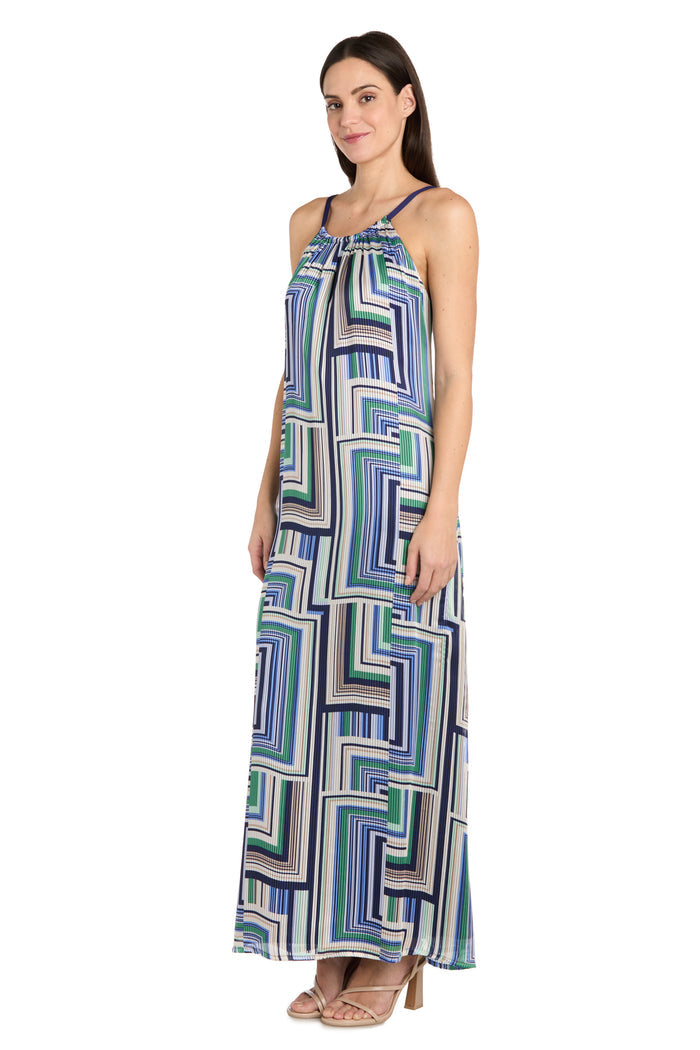 Geometric Pattern Long Casual Dress with Adjustable Tie Back