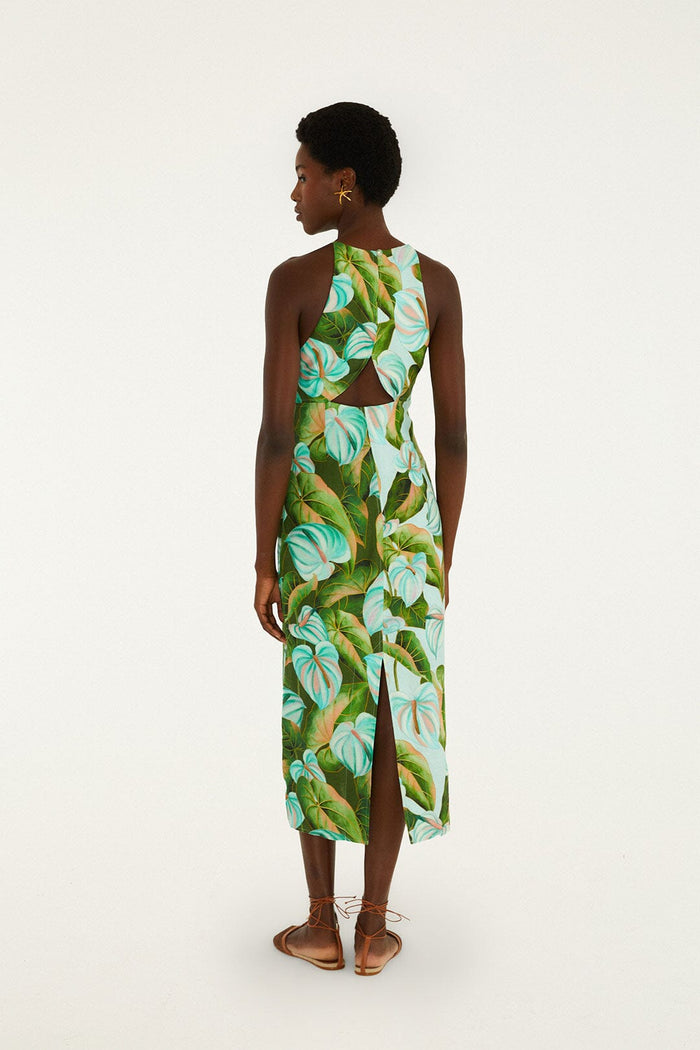 Green Anthurium Leaves Cut-Out Midi Dress