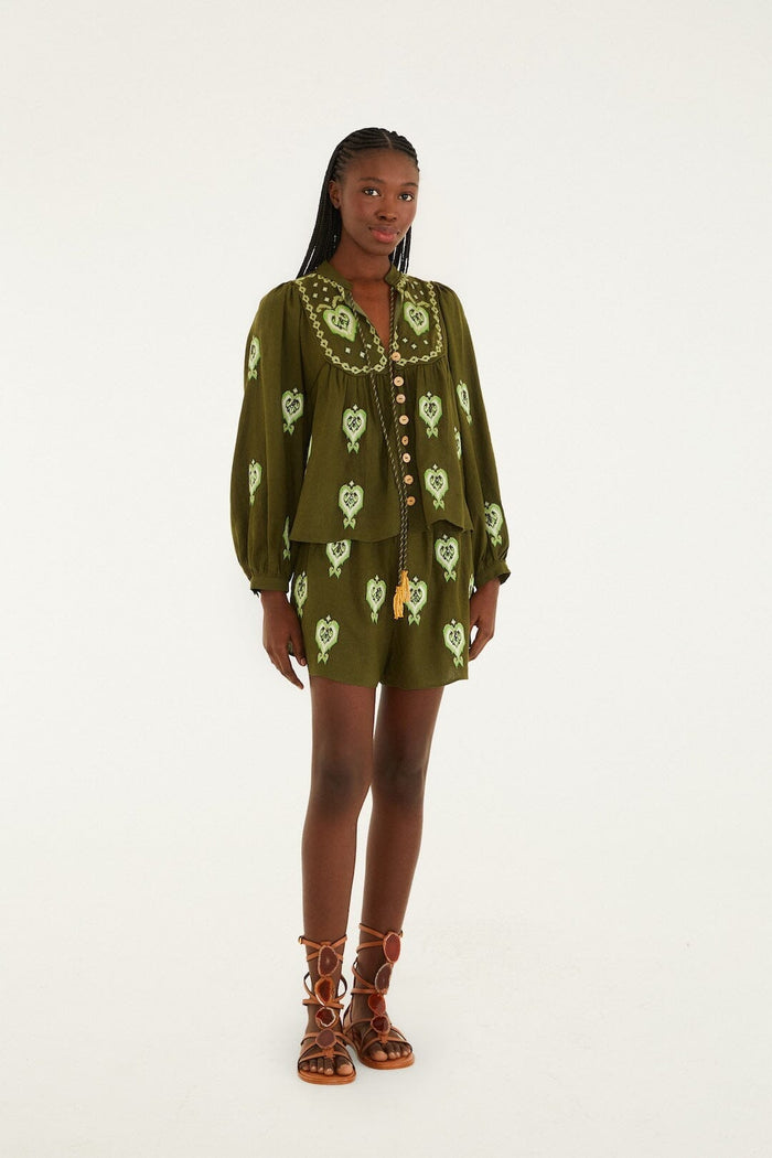 Green Embroidered Puff Sleeve Blouse